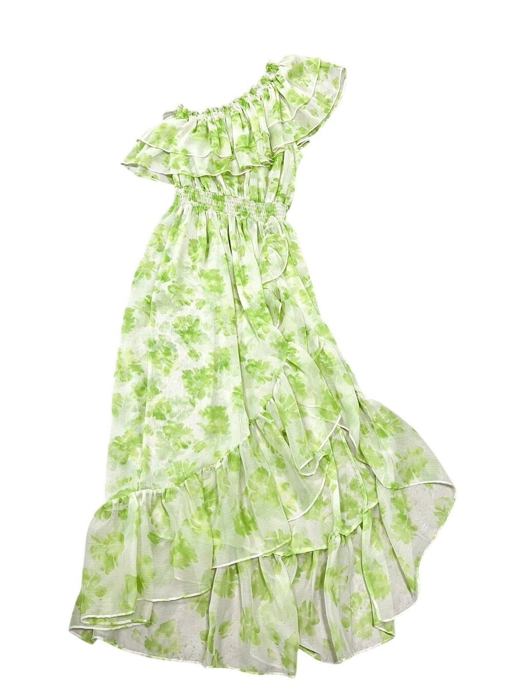 MISA Rumi One Shoulder Midi Dress Green White Honeydew Blossom Coastal Size S